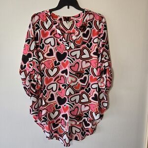 Cato Vibrant All Over Heart Print Roll Tab 3/4 Sleeve Tunic Top Plus Size 22/24W
